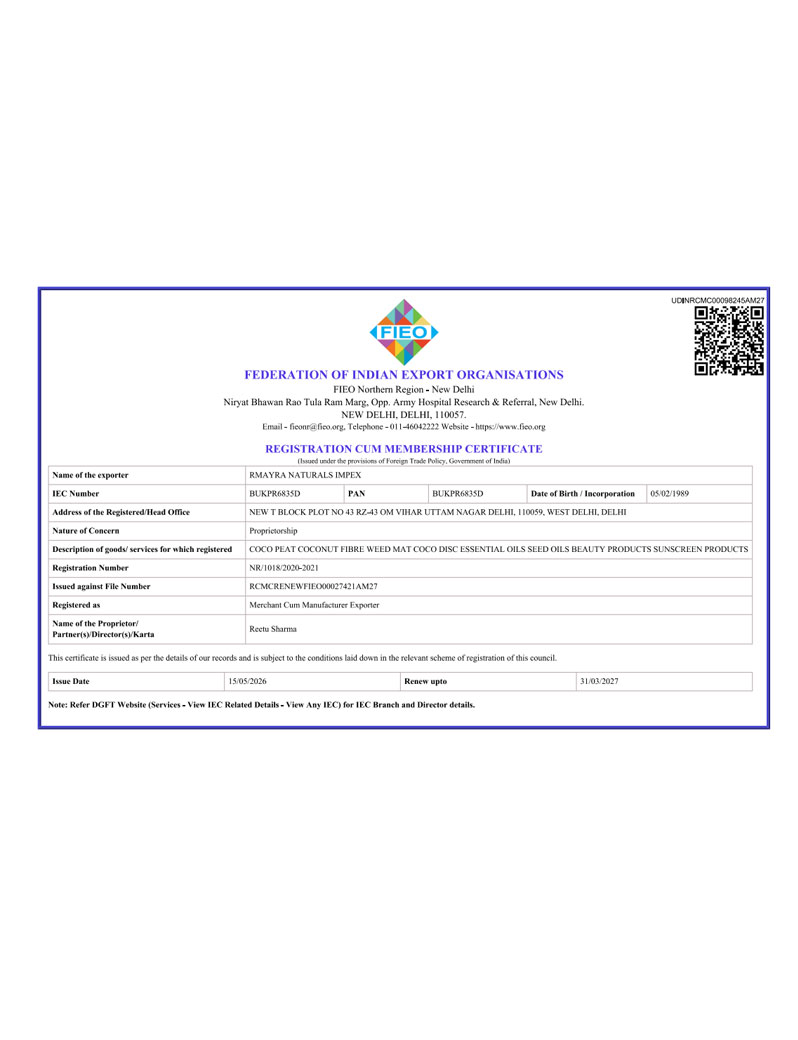 FIEO RCMC — Rmayra Naturals Impex