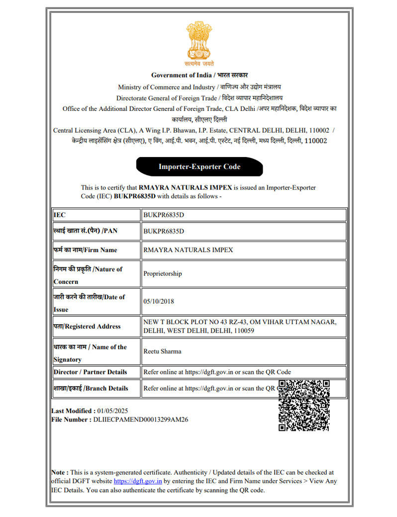 Ministry of Commerce and Industry — Rmayra Naturals Impex