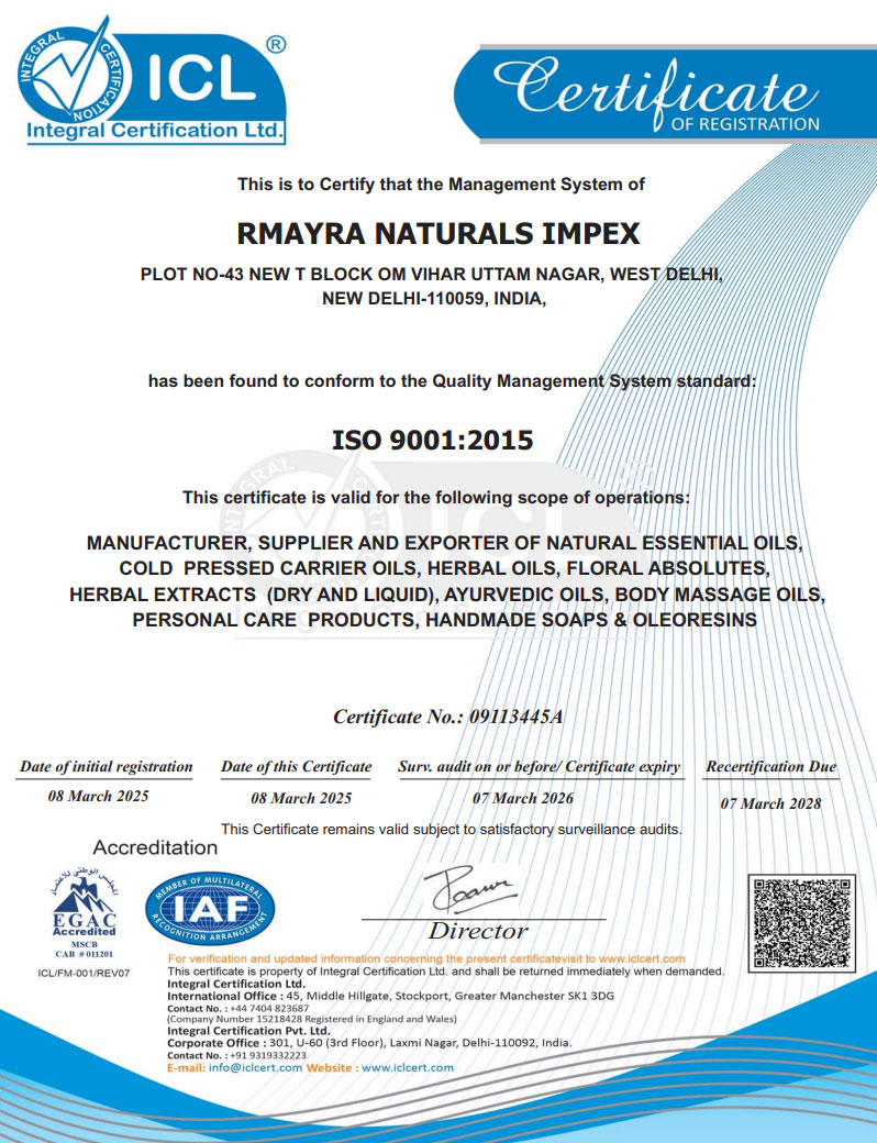 ISO 9001:2015 Certificate — Rmayra Naturals Impex